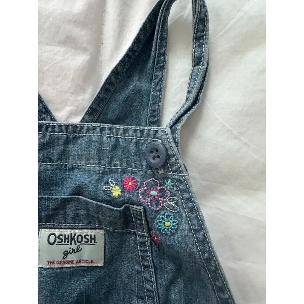 VTG OshKosh B’gosh Girl Denim Bubble Shortalls Embroidered Floral Romper 18m